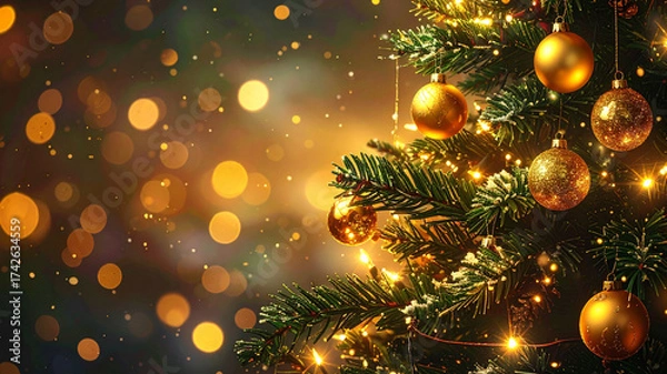 Fototapeta Christmas tree with glowing lights and golden ornaments, soft bokeh background