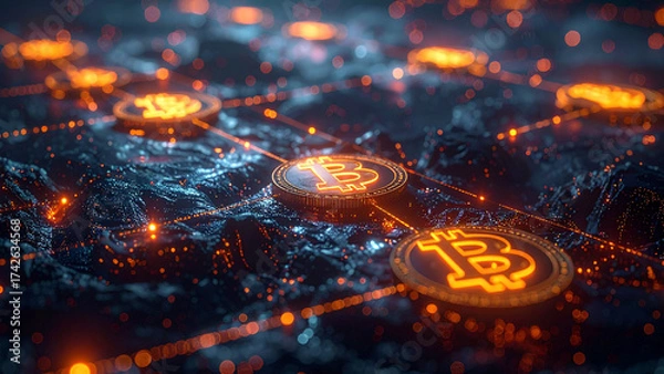 Fototapeta Finance and investment 3D concept, abstract glowing lines connecting currency symbols (USD, EUR, BTC), dark futuristic backdrop.