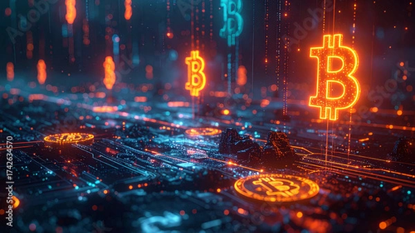 Fototapeta Finance and investment 3D concept, abstract glowing lines connecting currency symbols (USD, EUR, BTC), dark futuristic backdrop.