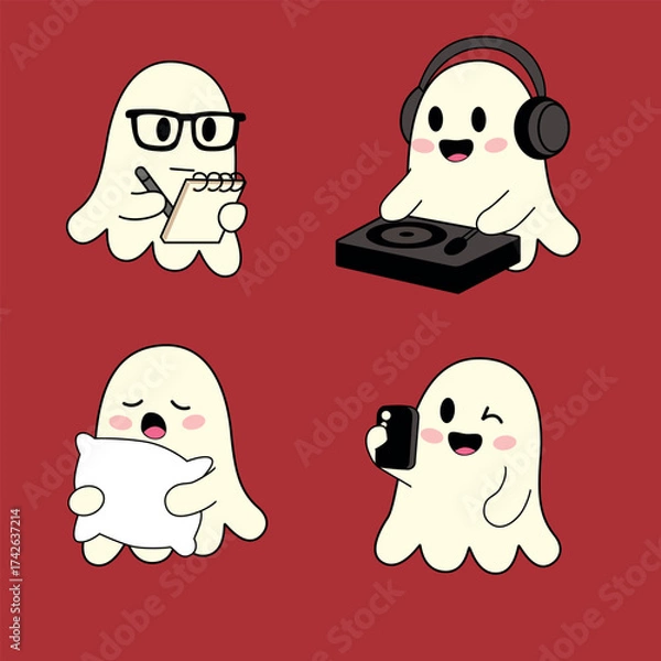 Obraz Cute cartoon ghosts with different hobbies: reading, DJing, hugging a pillow, and using a smartphone. Perfect for Halloween or ghost-themed designs.