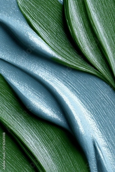 Fototapeta Abstract macro background in glossy blue and green shades with smooth, flowing texture. Modern minimal pattern resembling natural leaves and metallic surface reflections