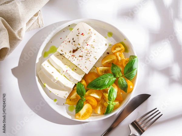 Fototapeta feta cheese with yellow tomatoes and basil