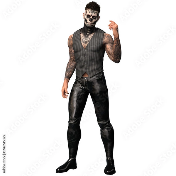 Fototapeta 3D rendered male character with dia de los muertos face make up and full body tattoos, isolated on transparent background