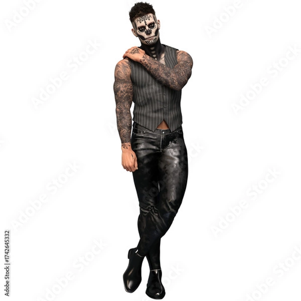 Fototapeta 3D rendered male character with dia de los muertos face make up and full body tattoos, isolated on transparent background