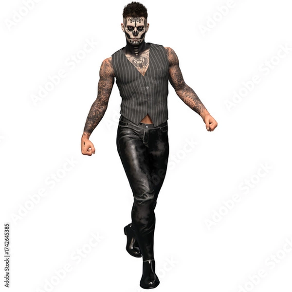 Fototapeta 3D rendered male character with dia de los muertos face make up and full body tattoos, isolated on transparent background