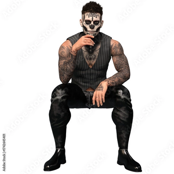 Fototapeta 3D rendered male character with dia de los muertos face make up and full body tattoos, isolated on transparent background