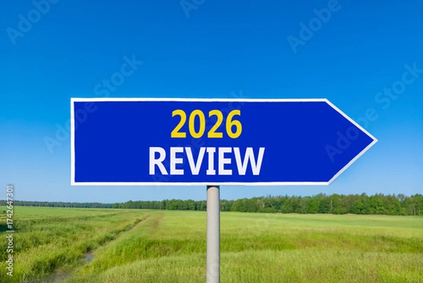 Fototapeta 2026 Review symbol. Concept words 2026 Review on beautiful blue road sign. Beautiful green grass field forest and blue sky background. Business and 2026 review concept. Copy space.
