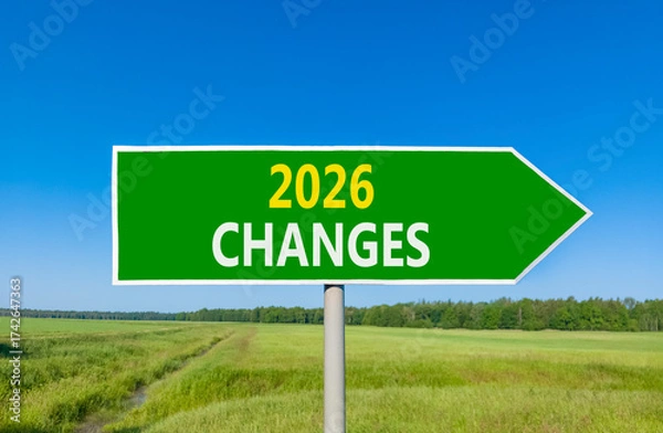 Fototapeta 2026 Changes symbol. Concept words 2026 Changes on beautiful green road sign. Beautiful green grass field forest and blue sky background. Business and 2026 changes concept. Copy space.