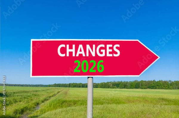 Fototapeta Changes 2026 symbol. Concept words Changes 2026 on beautiful red road sign. Beautiful green grass field forest and blue sky background. Business and changes 2026 concept. Copy space.