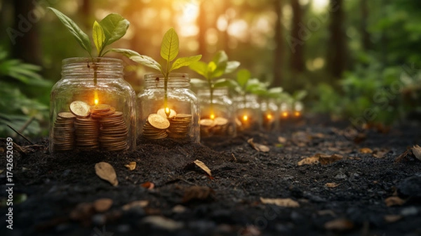 Fototapeta Watch your savings blossom like these vibrant green sprouts growing from jars of golden coins in a lush forest, symbolizing financial growth and investment