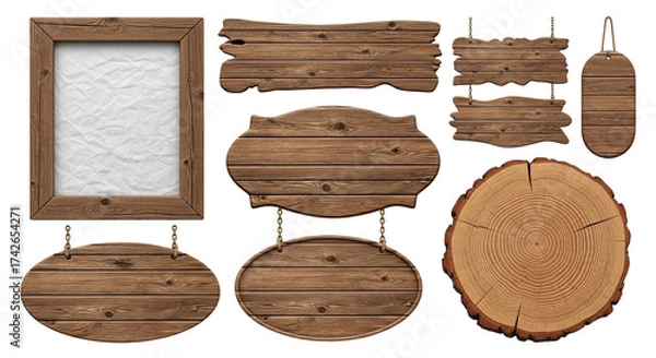 Fototapeta 3d icon of assortment of rustic wooden signs and frames, including a picture frame, various plank signs, a hanging oval sign, and a tree trunk slice, isolated on transparent background