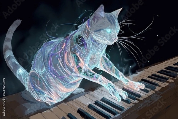 Fototapeta A Cybernetic Cat Plays an Illuminated Synthesizer