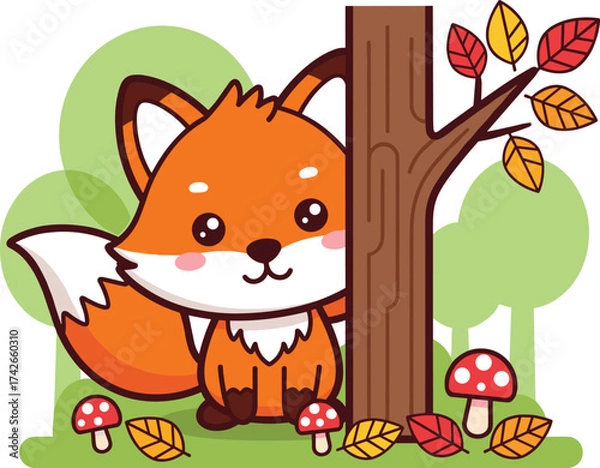 Fototapeta Cute Cartoon Fox Vector in Autumn Forest with Tree and Mushrooms – Adorable Animal Illustration for Kids and Nature Themes