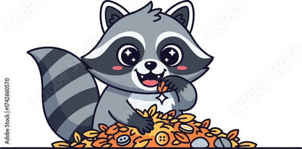 Fototapeta Cartoon Raccoon Vector Sitting in Pile of Autumn Leaves and Buttons – Cute Animal Illustration for Kids and Fall Themes