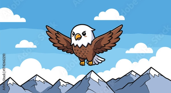 Fototapeta Cartoon Bald Eagle Vector Flying Over Mountain Range with Clouds – Majestic Bird of Prey Illustration for Nature and Wildlife Themes
