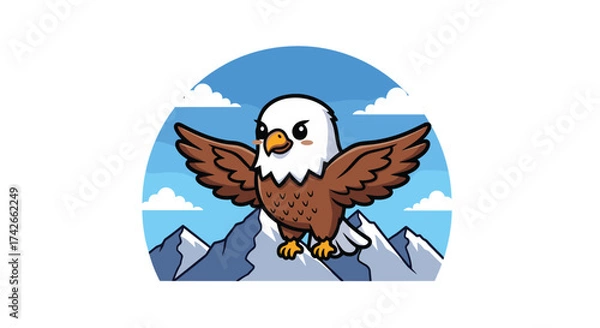 Fototapeta Cartoon Bald Eagle Vector Standing on Mountain Peak with Open Wings – Majestic Bird of Prey Illustration in Nature Scene
