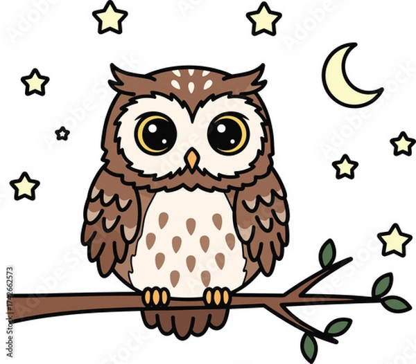 Fototapeta 1Cute Cartoon Owl Vector Sitting on Tree Branch at Night with Stars and Moon – Fun Nocturnal Bird Illustration for Kids
