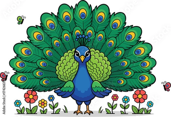 Fototapeta Cute Cartoon Peacock Vector with Colorful Feathers Standing in Flower Garden – Fun Exotic Bird Illustration for Kids and Nature Themes
