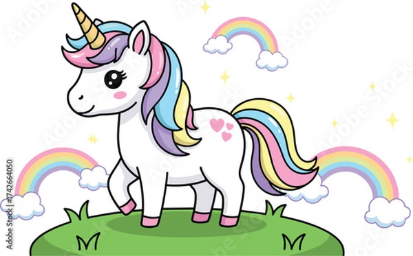 Fototapeta Cute Cartoon Unicorn Vector Standing on Grass Hill with Rainbows and Clouds – Magical Fantasy Animal Illustration for Kids Projects
