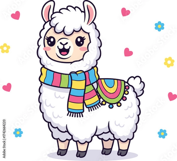 Fototapeta Cute Cartoon Llama Vector with Colorful Blanket and Scarf – Fun Alpaca Illustration with Hearts and Flowers for Kids and Boho-Themed Designs