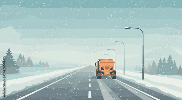 Fototapeta Snow plow truck clearing snowy road in winter landscape with falling snow
