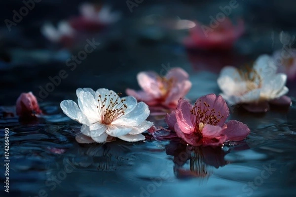 Obraz Magical Pink Flowers Floating on Water at Night