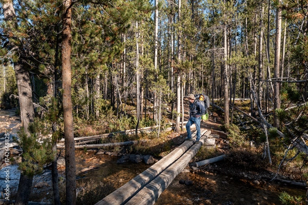 Fototapeta Backpacker on a bridge over Hell Roaring Creek