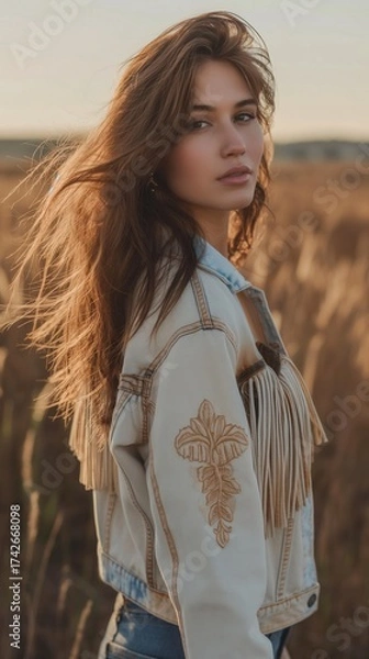 Fototapeta A young Caucasian woman with long brown hair wears a fringed suede jacket in a field. The scene captures a monochrome street style with a focus on tactile details.