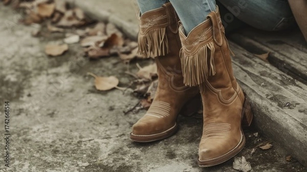 Fototapeta A close-up of a woman's legs wearing brown suede fringe boots. The outfit features a casual fall style with a monochrome look and tactile details.
