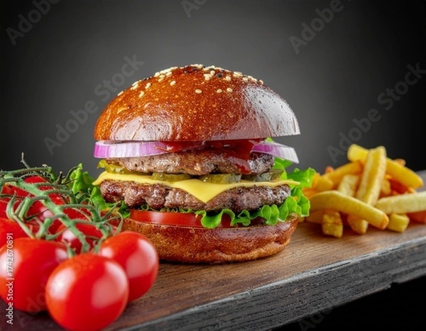 Fototapeta A delicious double cheeseburger with fresh lettuce, tomato, and onion, served with french fries and cherry tomatoes on a wooden board.