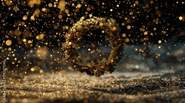 Fototapeta Christmas Wreath floating in zero gravity surrounded by sparkling golden particles