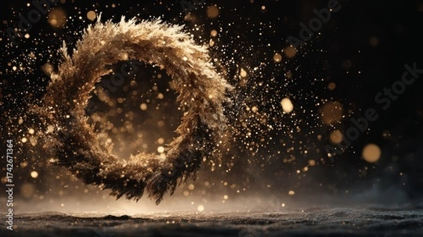 Fototapeta Christmas Wreath floating in zero gravity surrounded by sparkling golden particles