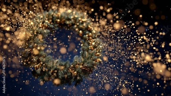 Fototapeta Christmas Wreath floating in zero gravity surrounded by sparkling golden particles