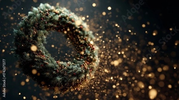 Fototapeta Christmas Wreath floating in zero gravity surrounded by sparkling golden particles