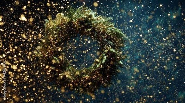 Fototapeta Christmas Wreath floating in zero gravity surrounded by sparkling golden particles
