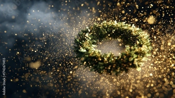 Fototapeta Christmas Wreath floating in zero gravity surrounded by sparkling golden particles
