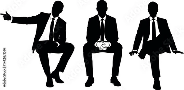 Obraz Business posture silhouettes, seated professional figures, corporate body language vector, office gesture illustration, workplace behavior design, executive sitting poses, nonverbal communication conc