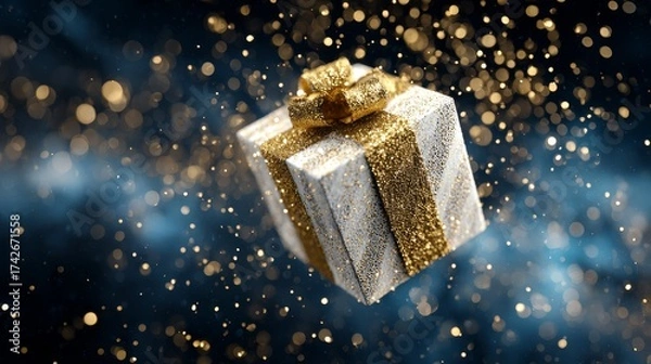 Fototapeta Christmas gift floating in zero gravity surrounded by sparkling golden particles