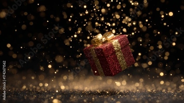 Fototapeta Christmas gift floating in zero gravity surrounded by sparkling golden particles