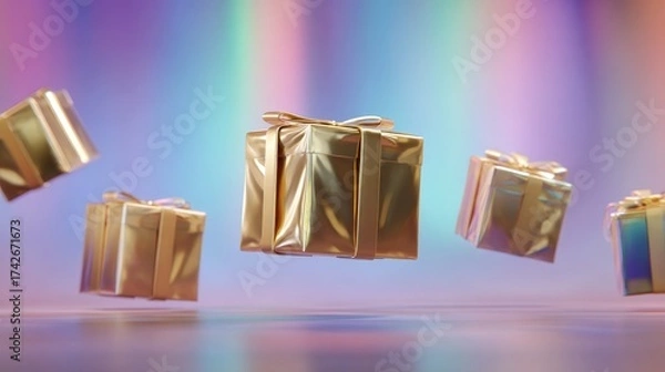 Fototapeta Levitating gift boxes wrapped in metallic paper against gradient aurora borealis background