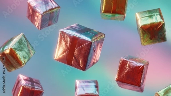 Fototapeta Levitating gift boxes wrapped in metallic paper against gradient aurora borealis background