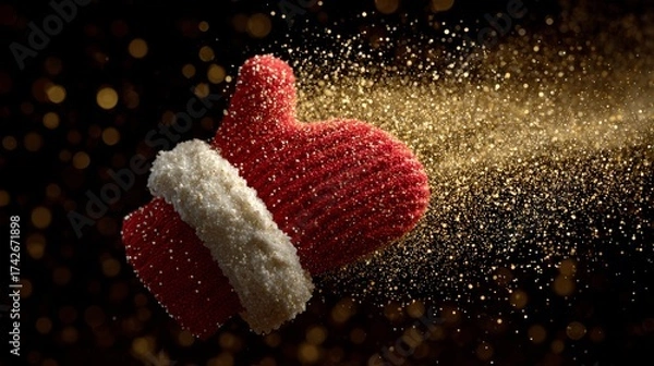 Fototapeta Santa mitten floating in zero gravity surrounded by sparkling golden particles