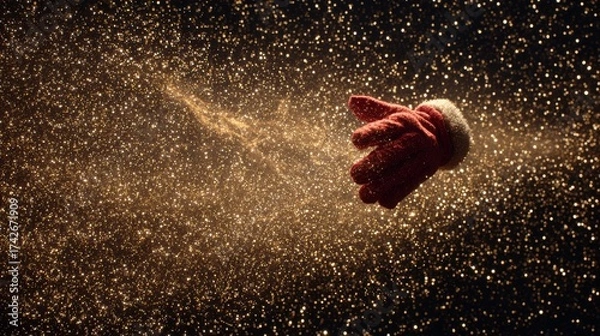 Fototapeta Santa mitten floating in zero gravity surrounded by sparkling golden particles