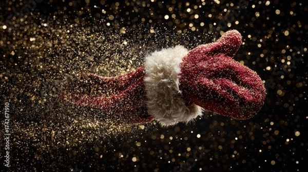 Fototapeta Santa mitten floating in zero gravity surrounded by sparkling golden particles