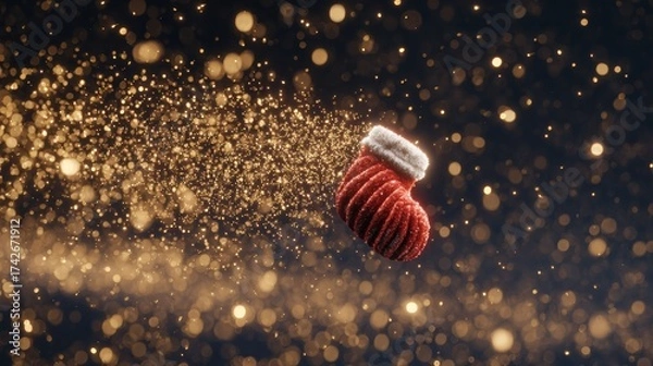 Fototapeta Santa mitten floating in zero gravity surrounded by sparkling golden particles