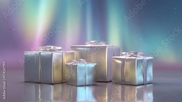 Fototapeta Levitating gift boxes wrapped in metallic paper against gradient aurora borealis background