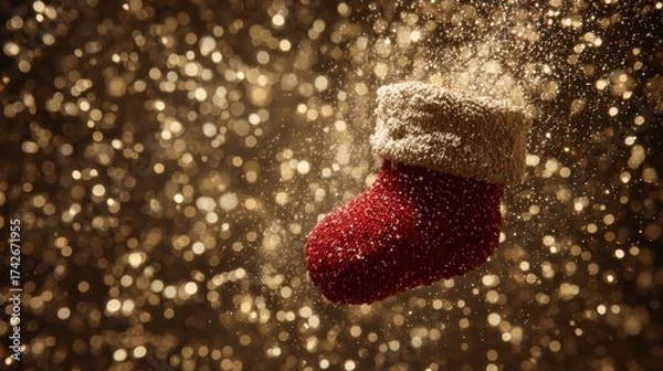 Fototapeta Santa mitten floating in zero gravity surrounded by sparkling golden particles