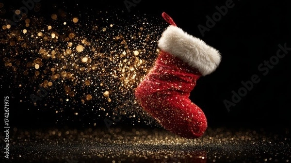 Fototapeta Santa sock floating in zero gravity surrounded by sparkling golden particles