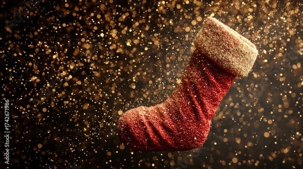 Fototapeta Santa sock floating in zero gravity surrounded by sparkling golden particles