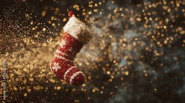 Fototapeta Santa sock floating in zero gravity surrounded by sparkling golden particles